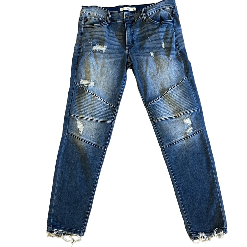 KanCan mid rise distressed moto style denim with frayed hem blue size 9/28